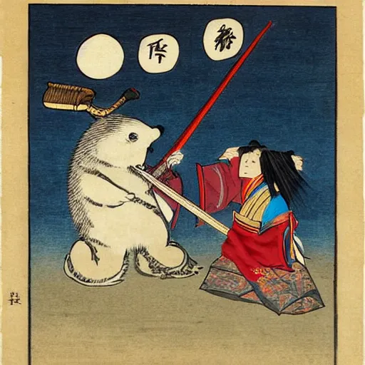 Image similar to two baby harp seal dressed as samurai, defeating a Japanese dragon, 19th century Japan, anime style