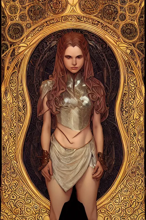 Prompt: full - body artwork, cattie - brie of mithril hall, by artgerm, andreas rocha, greg rutkowski. art nouveau neo - gothic sculpture by mucha. swirly intricate gilded linework background. gaudy colors, sharp edges. ultra clear detailed. 8 k. elegant. octane render