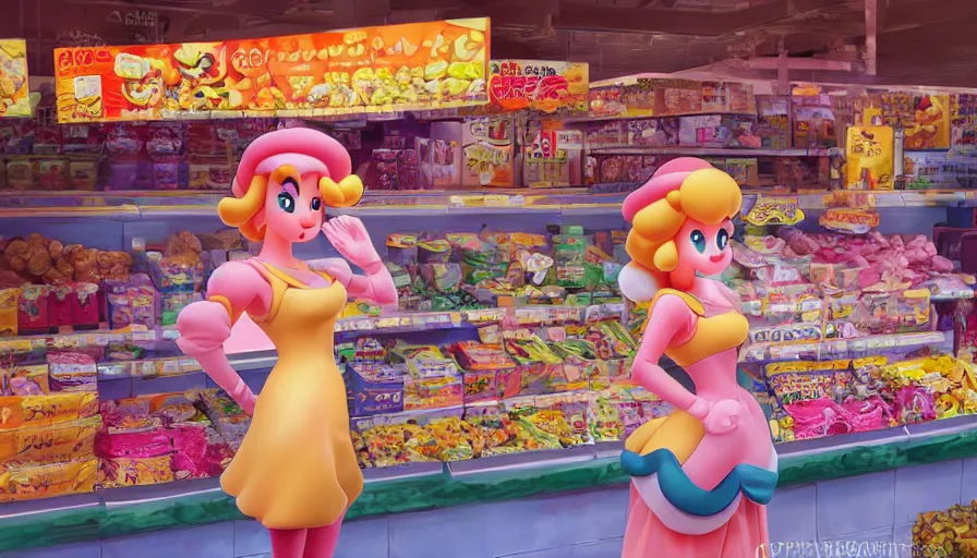 Prompt: photography of princess peach from mario in a grocery store with frock, in the mushroom kingdom, mario theme grocery store around, winter, anime style character, clean soft lighting, backlit beautiful face, clean brush stroke, 8 k character concept art, by wolp and artgerm ， 3 d