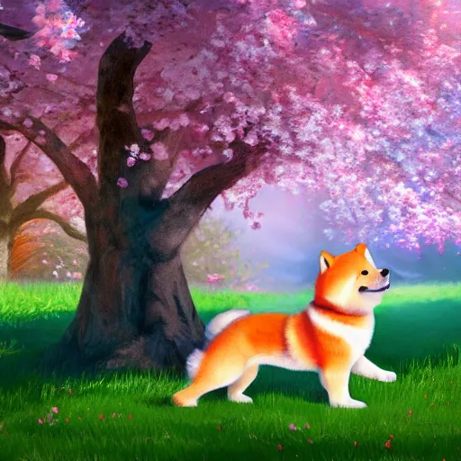 Image similar to a cute fluffy shiba inu plays under the cherry blossom tree, highly detailed, digital painting, artstation, concept art, movie still, smooth, sharp focus uhd 8 k