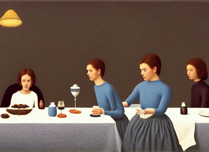 Prompt: a very boring dinner party, painting by quint buchholz, muted colors, gray, dull, boring, low energy, pale blue faces, very detailed