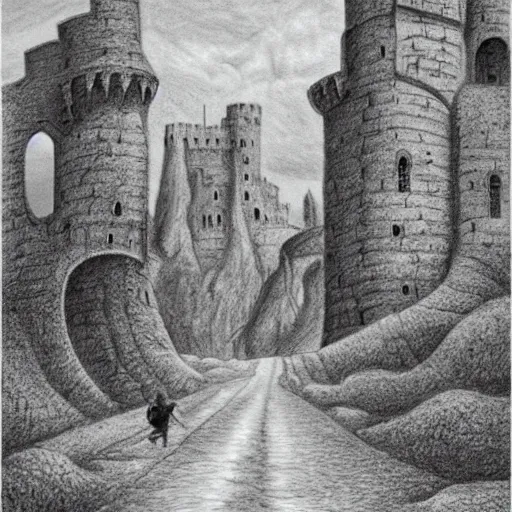 Prompt: pencil art, highly detailed, picture of hero walking on a path of a castle on a mountain