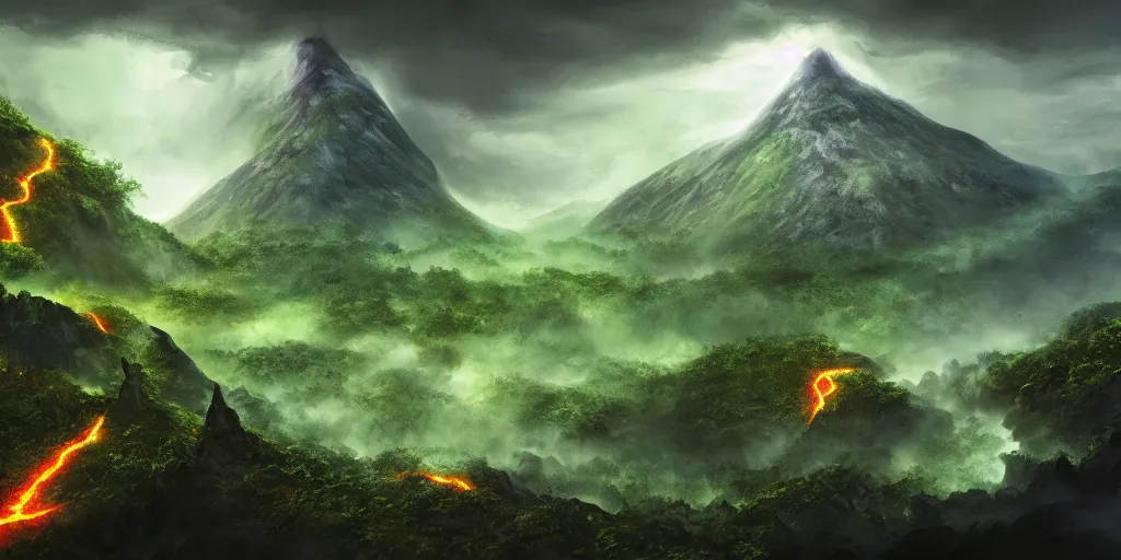 Image similar to boundary of two lands, green wild jungle vs dark mountain with lava, magic and lightning, epic, fantasy, D&D, intricate, highly detailed, sharp focus, cinematic lighting