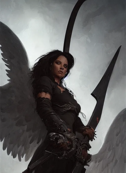 Image similar to a portrait of a beautiful angel of death holding a large scythe by marco bucci and greg rutkowski and frank frazetta, sharp focus, detailed, cinematic, closeup