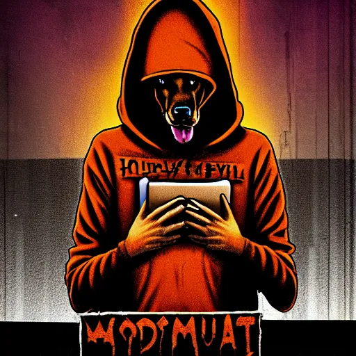 Image similar to poster for the brown hound dog pup - hooded mad mutt mixing industrial music on a laptop in an apocalypsecore setting, as strange colored lighting covers the rusty walls.