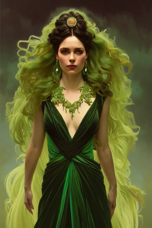 Image similar to highly detailed oil painting, ombre velvet gown, beautiful elegant dryad, beautiful face by leyendecker, feathers, long hair, muted green, dozens of jeweled necklaces, by greg rutkowski, brom, anato finnstark, alphonse mucha, cinematic lighting