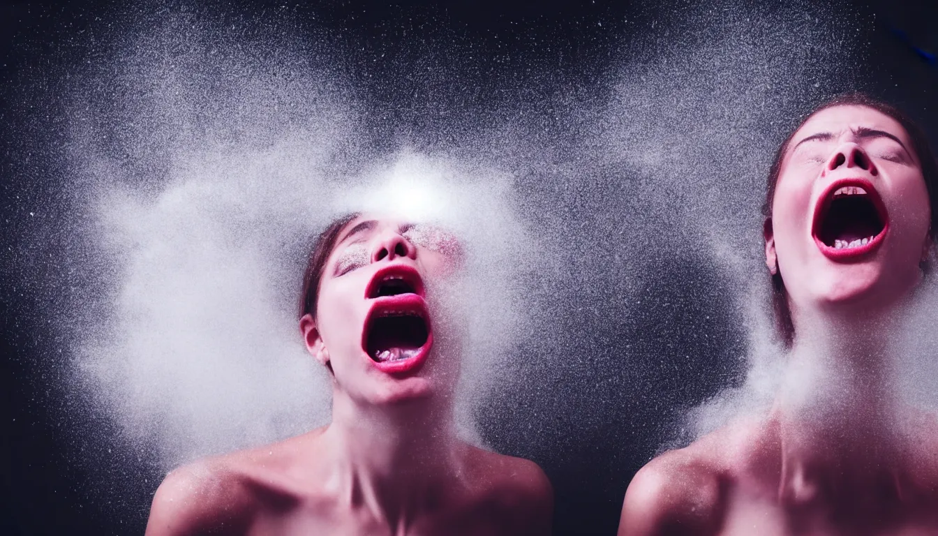 Image similar to humans , feedback loop , burst of powders ,volumetric lighting, twisting vapour, bellowing dust , emerging hands and beautiful woman’s screaming face , full colour , upscale , 4k