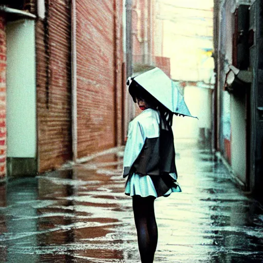 Image similar to 1990s perfect 8K HD professional cinematic photo of close-up japanese schoolgirl posing in sci-fi dystopian alleyway at morning during rain, at instagram, Behance, Adobe Lightroom, with instagram filters, depth of field, taken with polaroid kodak portra