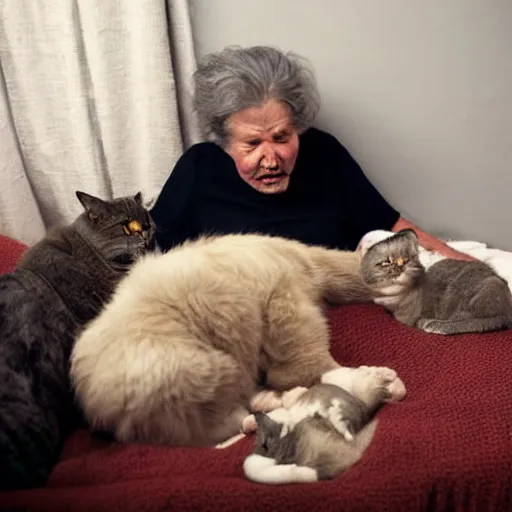 Prompt: an old lady being eaten by her cats after she passed out in her apartment