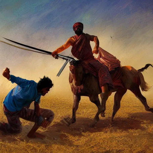 Prompt: portrait, single bangla farmer fighting, hand to hand combat with machete, full body view, long flowing hair, fighting for his life, nebula aura surrounding subject, horseback combat attacker foreground, islamic revolution, mongolian invasion of iraq, invading army background, classicism artstyle, sharp brushstrokes