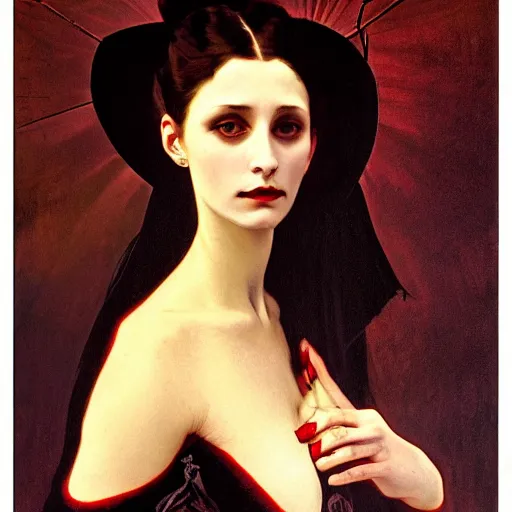 Prompt: a beautiful painting of a lady vampire, victorian, dracula, ominous, oil on canvas, photorealism, alphonse mucha, caravaggio, irwin penn, high definition, soft light