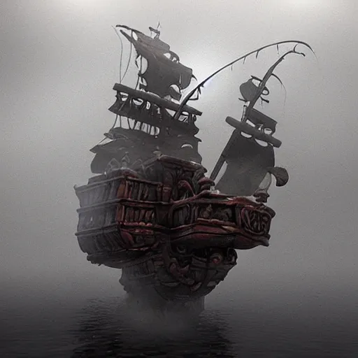 Image similar to pirate spaceship!!! flying underwater!! fog, volumetric light, terry gilliam!!!! style