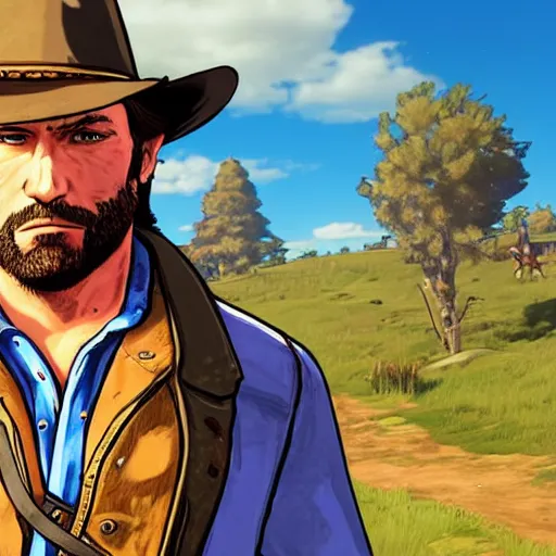 Image similar to Arthur Morgan from Red Dead Redemption 2 drawn in the style of The Legend of Zelda: Breath of the Wild, cel-shaded