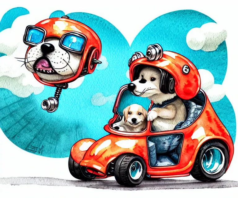 Image similar to cute and funny, puppy wearing a helmet riding in a tiny hot rod with an oversized engine, ratfink style by ed roth, centered award winning watercolor pen illustration, isometric illustration by chihiro iwasaki, edited by range murata, tiny details by artgerm and watercolor girl, symmetrically isometrically centered, sharply focused