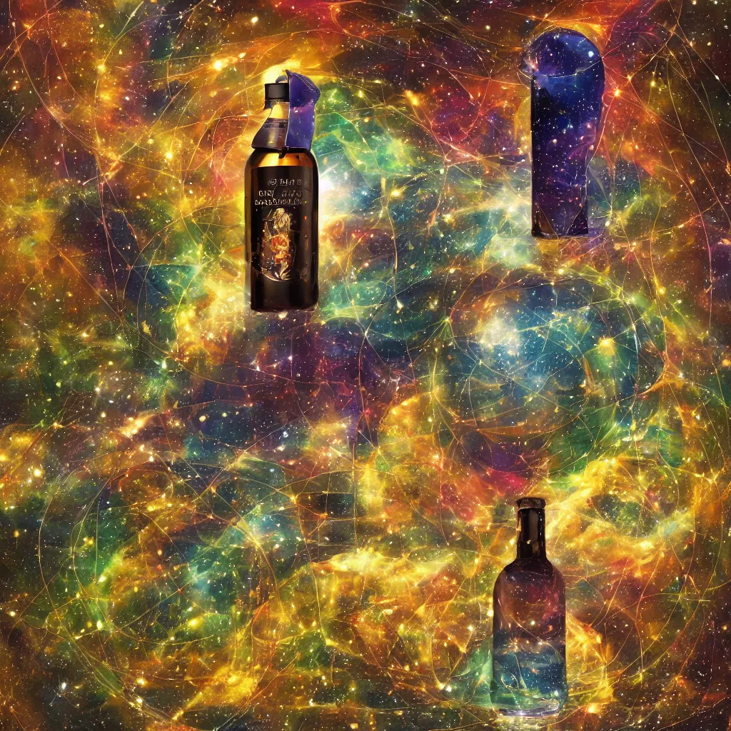 Image similar to the universe contained within a bottle, in a style of midjourney