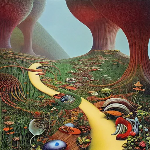 Prompt: the path less taken by jacek yerka, roger dean and salvadore dali w - 7 6 8