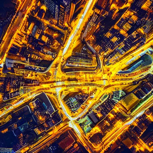 Image similar to City postsoviet area aerial view in neon light on a wide angle camera