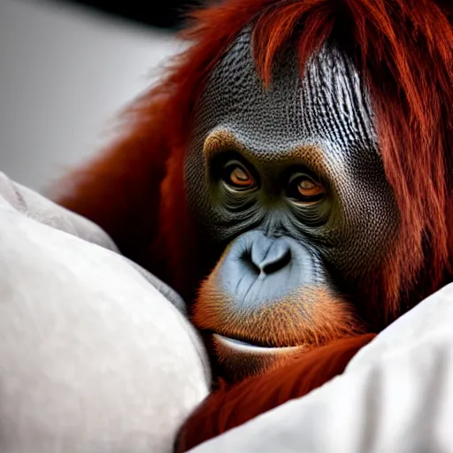 Image similar to photograph of an orangutan just waking up in a bed full of blankets, 4 k, full hd, highly detailed, close up