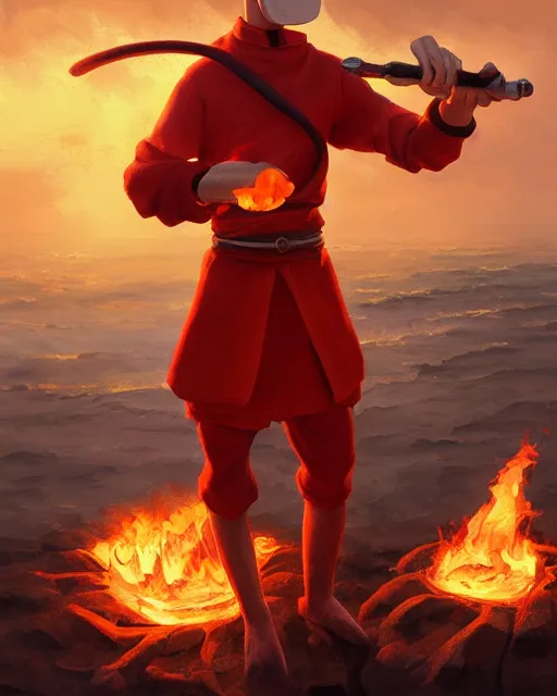 Image similar to [ squidward ] wearing fire nation clothing and practicing firebendingoutside at susnset, oil painting, highly detailed, intricate, hd, sharp focus, photorealistic, by moebius and greg rutkowski, trending on artstation, trending on cgsociety, realistic shading and lighting