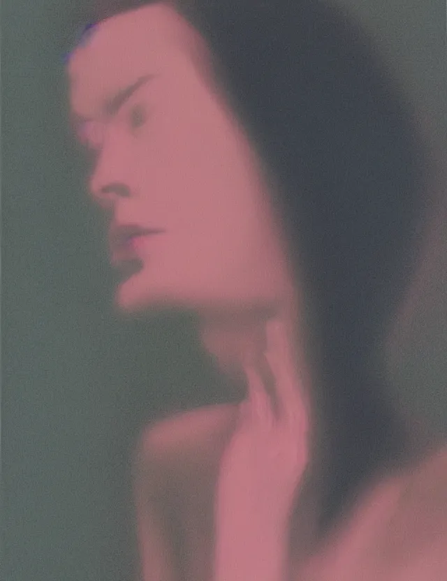 Prompt: woman looking in the screen in dark room, side view profile, blue rays, redshift, wide shot, coloured polaroid photograph, pastel, kodak film, hyper real, stunning moody cinematography, by maripol, fallen angels by wong kar - wai, style of suspiria and neon demon, david hockney, detailed, oil on canvas