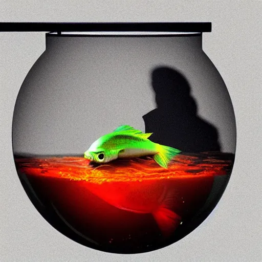 Prompt: beta fish in a fish bowl being held by a grim reaper hyper realistic, trending on artstation