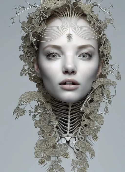 Prompt: complex 3d render ultra detailed of a beautiful porcelain profile woman face, mechanical cyborg, 150 mm, beautiful natural soft light, rim light, silver gold details, ghost orchid big leaves and stems, roots, fine foliage lace, maze like, mesh wire, white metal neocubism armor, intricate details, hyperrealistic, ultra detailed, mandelbrot fractal, anatomical, red lips, facial muscles, cable wires, microchip, elegant, octane render, H.R. Giger style, 8k