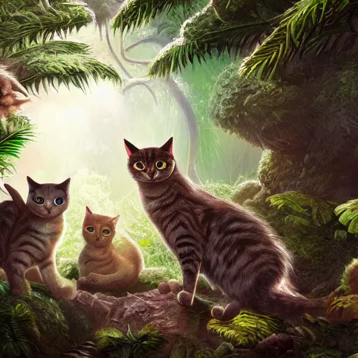 Prompt: a group of cats traveling in a very dense rainforest,artstation,very detailed