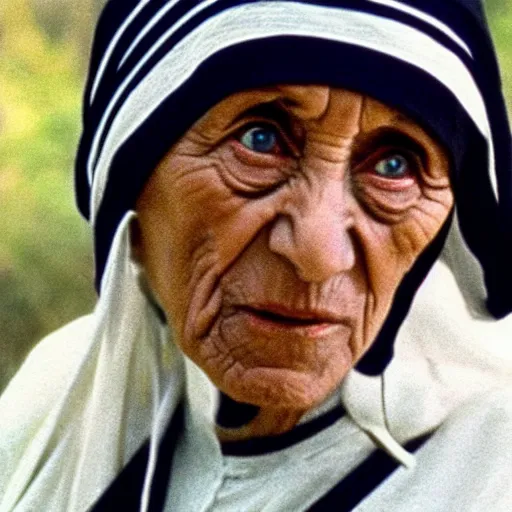 Prompt: A still of Mother Teresa as Rambo in Rambo First Blood