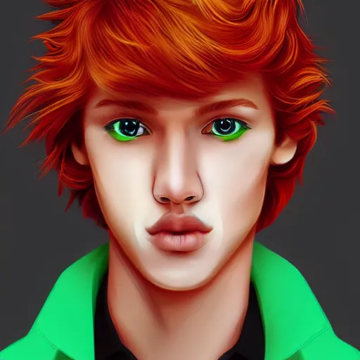 Image similar to professional digital art of a stylish young man with red hair and green cat - like eyes, popular, famous, attractive, high quality, highly detailed, hd, 4 k, 8 k,