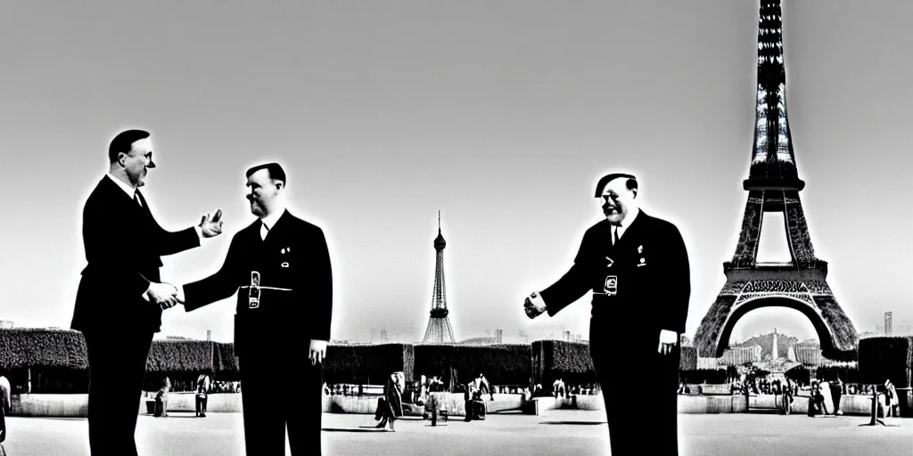 Prompt: minion shaking adolf hitlers hand in front of the eiffel tower, black and white, hyper realistic, award winning photo