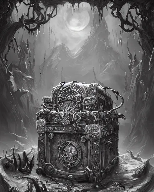 Image similar to a monster treasure chest, black and white, fantasy art, monster art, illustration, fantasy, intricate, hyper detailed, artstation, concept art, smooth, sharp focus, ray tracing