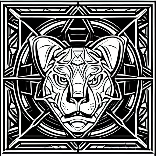 Image similar to jaguar head tattoodesign, geometrical, symmetrical, frontview, black and white, white background.