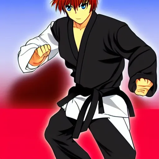 Prompt: Yor Forger doing karate, anime