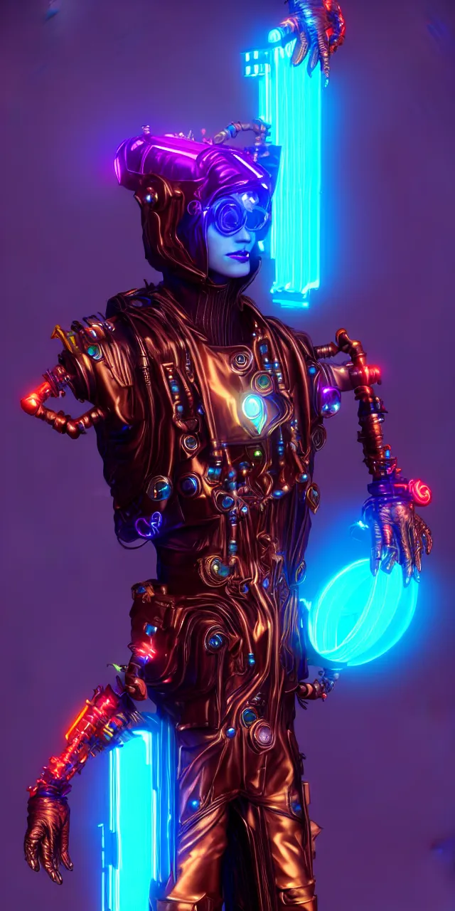 Prompt: max chroma the steampunk synthwave cybergod of color hues, fantasy superhero cinematic movie character concept, photorealistic unreal engine, by max chroma on artstation