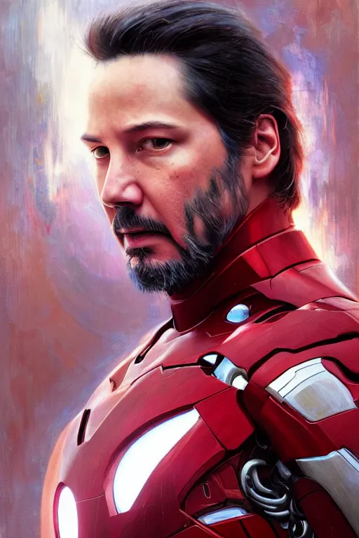 Image similar to Portrait of Keanu Reeves as Iron man, marvel, dark, intricate, highly detailed, smooth, artstation, digital illustration by Ruan Jia and Mandy Jurgens and Artgerm and Wayne Barlowe and Greg Rutkowski and Zdislav Beksinski