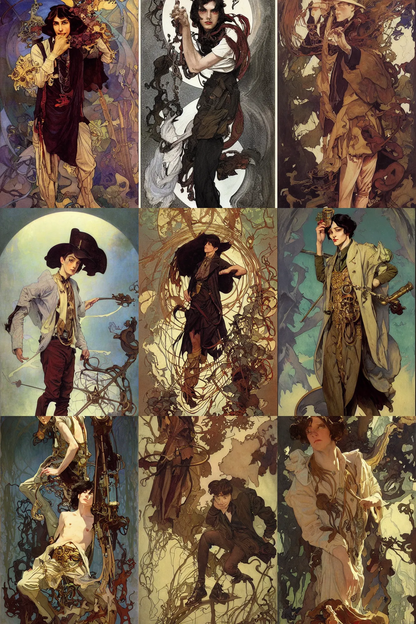 Prompt: thin young male alchemist, long dark hair, 1 9 2 0 s fashion, fantasy, art by joseph leyendecker, peter mohrbacher, ruan jia, finnian macmanus, marc simonetti, ayami kojima, vasnetsov, cedric peyravernay, alphonse mucha