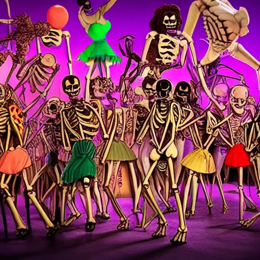 Prompt: photo, a giant crowd of realistic anatomically correct claymation skeletons dancing sensually with a giant crowd of beautiful multiethnic women wearing rococo gowns inside a colorful futuristic night club, colorful dramatic unique lighting