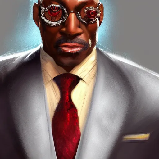 Image similar to a portrait of a muscular older black man with cornrows and a suit with a monocle on, D&D, sci-fi, elegant, hopeful, muscular, highly detailed, digital painting, artstation, concept art, smooth, sharp focus, illustration