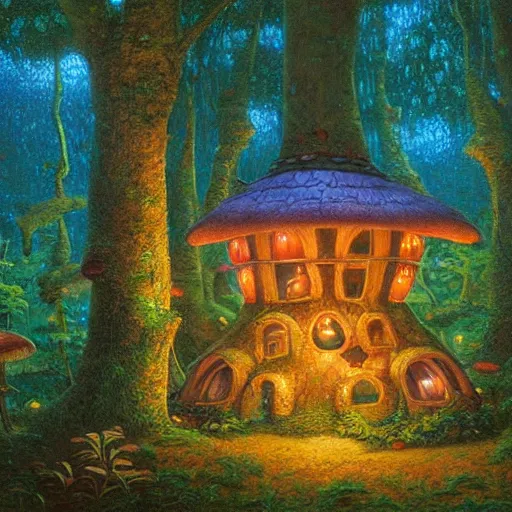Prompt: artwork of a mushroom house with lights on inside, in a enchanted forest at night, art by tim hildebrandt, deep depth of field. highly detailed, hyper realism, hd, 4 k