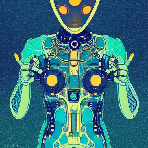 Image similar to a cybernetic mannequin by victo ngai and jakub rebelka and conrad roset and takashi murakami, trending on artstation