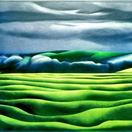 Prompt: green open field clouds above and below bursting with energy water and electricity foggy lighting in style of georgia o'keeffe kate bush