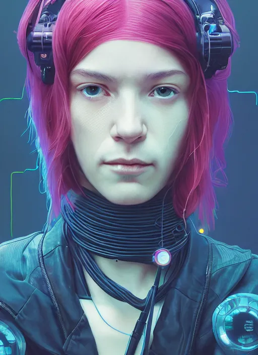 Image similar to highly detailed portrait of a cyberpunk sci - fi hacker, wires connect to the head, stephen bliss, unreal engine, greg rutkowski, loish, rhads, beeple, makoto shinkai and lois van baarle, ilya kuvshinov, rossdraws, tom bagshaw, alphonse mucha, global illumination, detailed and intricate environment