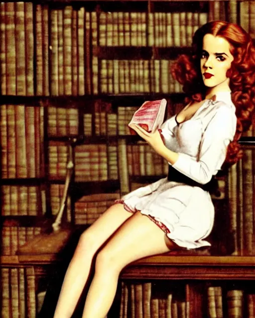 Prompt: pinup photo of hermione granger by emma watson in the library of hogwarts, by by andrei riabovitchev, gil elvgren, enoch bolles, glossy skin, pearlescent, anime, very coherent, flat