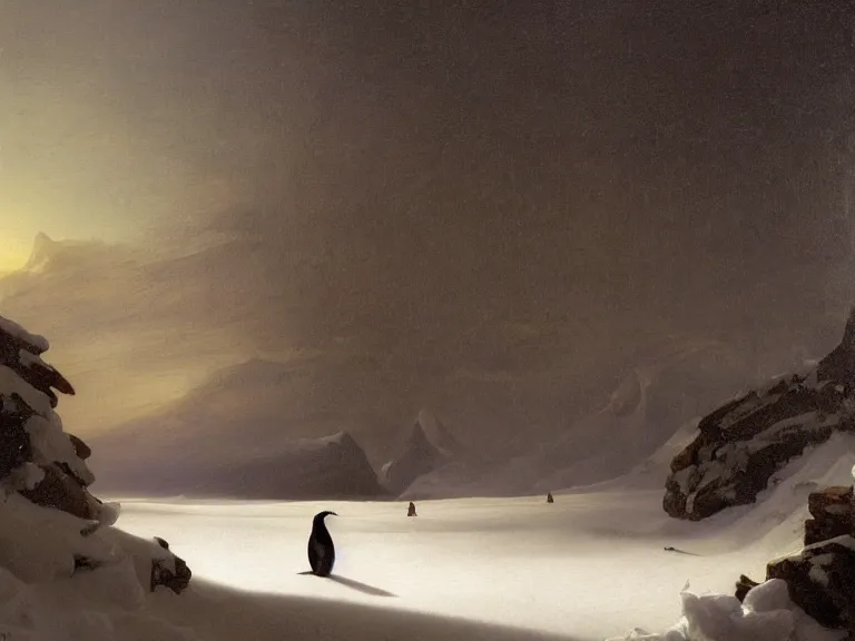 Image similar to an oil painting of a penguin playing in pure white snow on a misty glacier at dusk. aurora. by tuomas korpi moebius and carl spitzweg. baroque elements. intricate artwork by caravaggio. oil painting. oil on canvas. award winning. dramatic. trending on artstation. 8 k