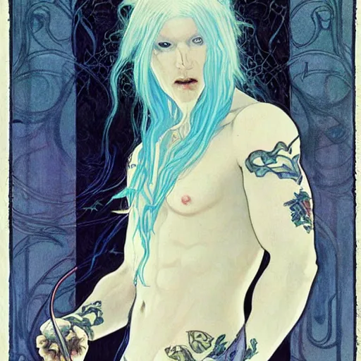 Image similar to portrait of an androgynous albino Viking elf with blue-tinged skin and ghostly art nouveau tattoos wearing black cloak and expression of manic disdain by Greg Rutkowski, Brom, Yoshitaka Amano!!!! and Alphonse Mucha