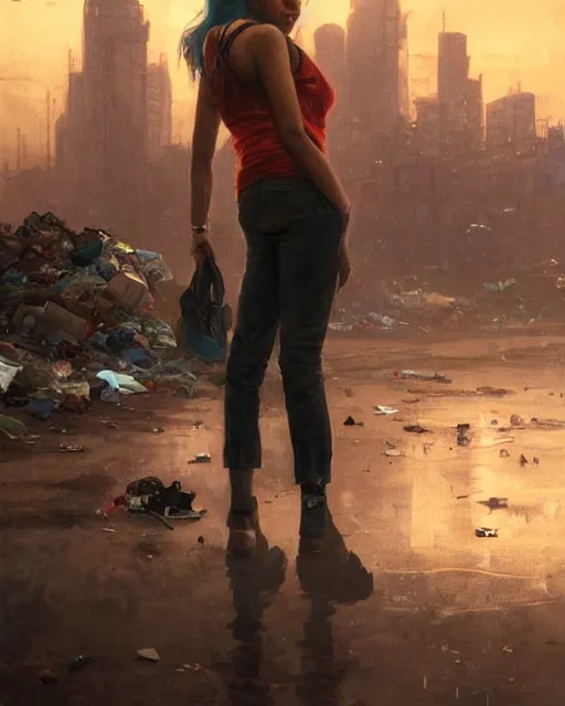 Prompt: poor detailed girl with backpack standing at cars looking for food at garbage dump, destroyed cars, city is pure wasteland, moody sunset in background, high details, photorealism, cinematic, greg rutkowski, alphonse mucha, trending on artstation, artgerm, unreal engine, breathtaking, award winning, highly detailed