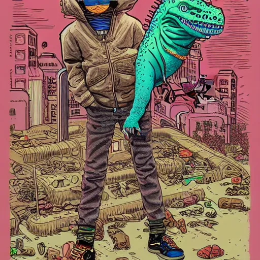 Prompt: intricate detailed color illustration of a cyberpunk street kid with a pet dinosaur, in the style of Geof Darrow