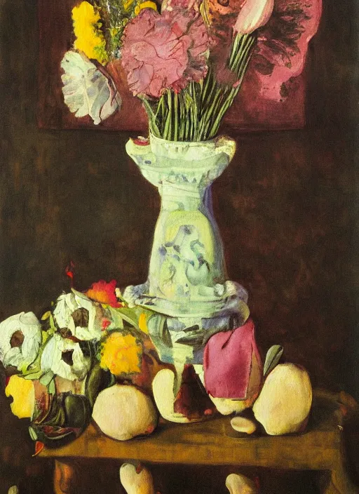 Image similar to a surreal painting of a breakfast still life, vase of flowers, by George Baselitz, symbolist, soft colors, dramatic lighting, smooth, sharp focus, extremely detailed, aesthetically pleasing composition