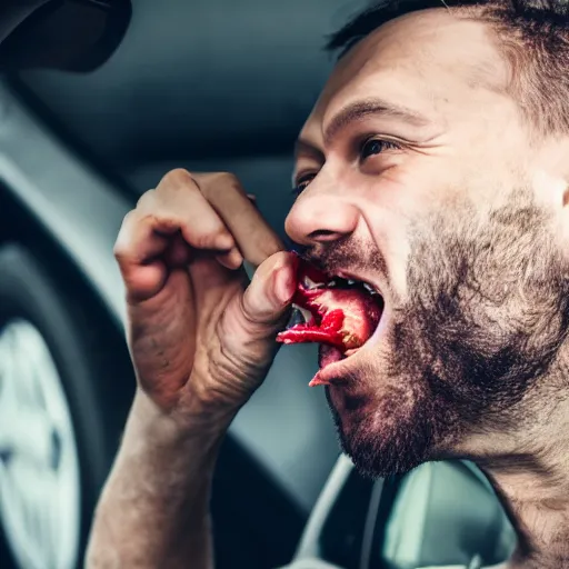 Prompt: man attempting to eat a car