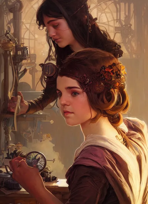 Image similar to an epic fantasy comic book style portrait painting of a young tinker girl working on a device in her workshop, d & d, fantasy, intricate, elegant, highly detailed, digital painting, artstation, concept art, matte, sharp focus, illustration, art by artgerm and greg rutkowski and alphonse mucha